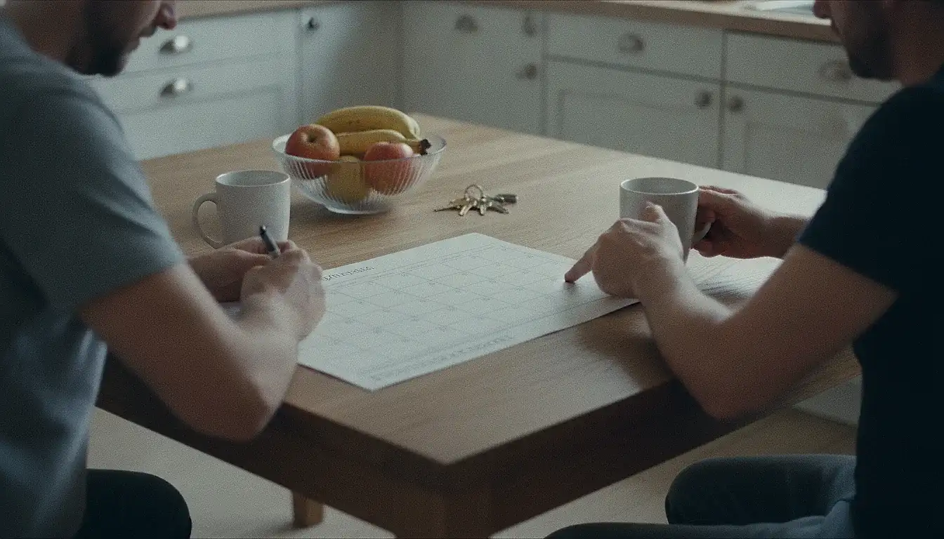 Two people at a kitchen table on a weekday morning, one writing on a wall calendar page between them, the other holding a mug and pointing at a line on it.